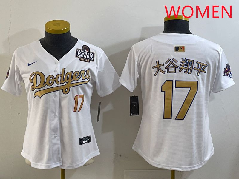 Women Los Angeles Dodgers #17 Ohtani White Champion gold character 2025 Nike MLB Jersey style 8
